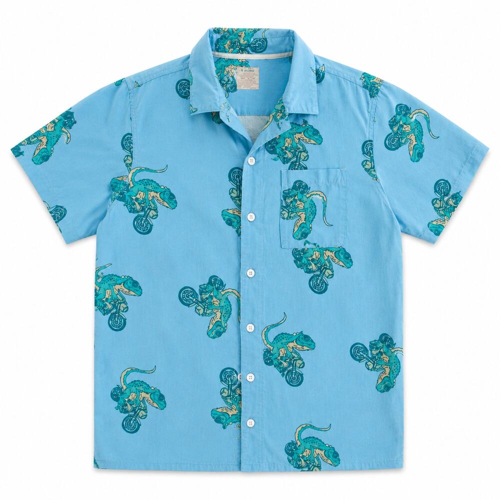 Cat & Jack Boys S 6/7 Blue Lizard Motorcycle Print Button Down Shirt